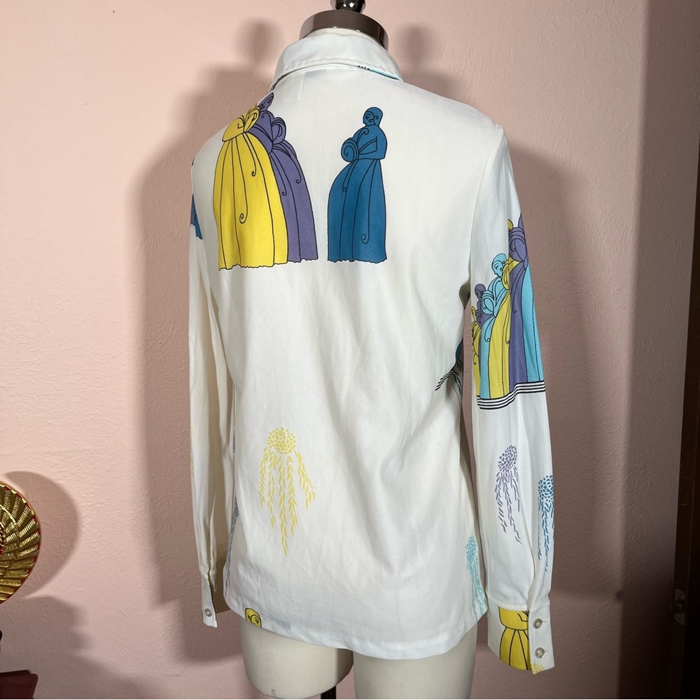Vintage 1970 Mod Art Deco Lady Print Dagger collar Blouse - Picture 17 of 17